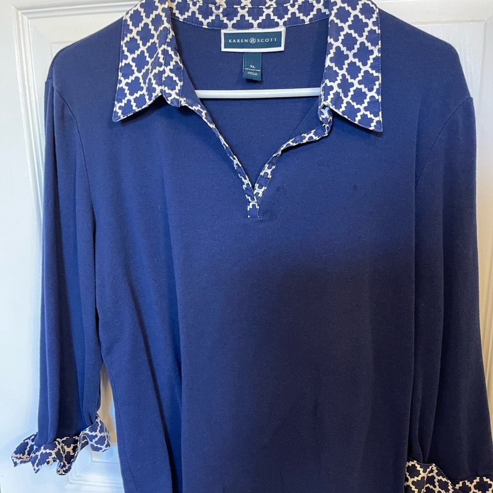 Karen Scott Women's Blue Top with Patterned Trim